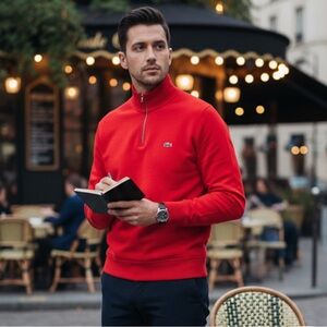 Lacoste Men's Vibrant Bright Red Zip-Up Sweater Size XXL 100% Authentic Cotton